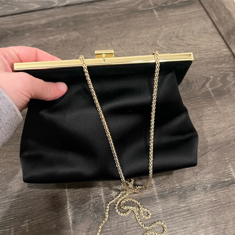 Black LK Bennet Satin Frame Clutch with Gold Trim